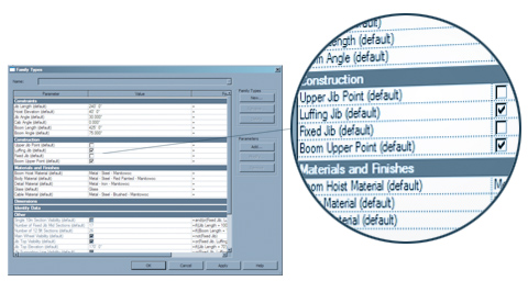 Manitowoc 888 Ringer - Revit family options All three crane options are available in the same family, with a simple tick-box selection system