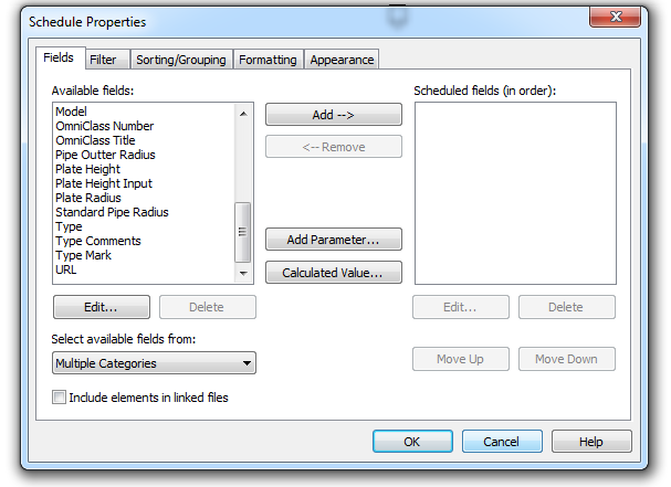 Schedule Properties Dialog (Zurn Shared Parameters)