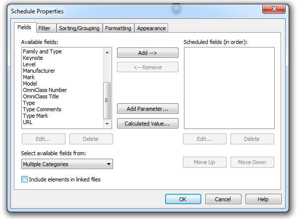 Schedule Properties Dialog (Empty Project)