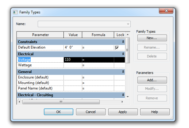 System Voltage Parameter as a Type Family Types dialog displaying the Voltage parameter as a type