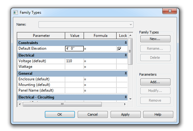 System Voltage Parameter as an Instance Family Types dialog displaying the Voltage parameter as a type