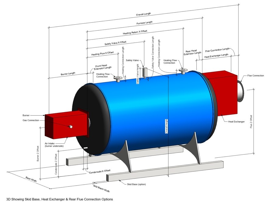 Non-Condensing Boiler Revit Family by Andekan – 3D Fine View with Dimensional Parameters Indicated - Skid Base