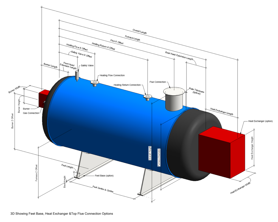 Non-Condensing Boiler Revit Family by Andekan – 3D Fine View with Dimensional Parameters Indicated