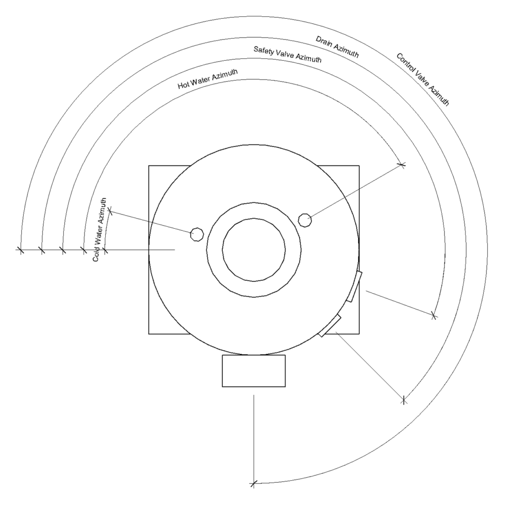 Water storage heater plan view with connector rotations indicated