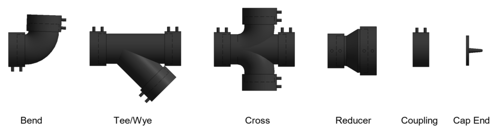 All the pipe fittings required to create a complete routing preference for the pipe type in Revit.