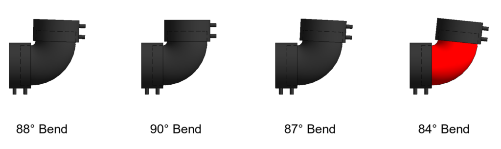 Instances of bend pipe fitting showing the IsCustom working for the 84 dgree bend.